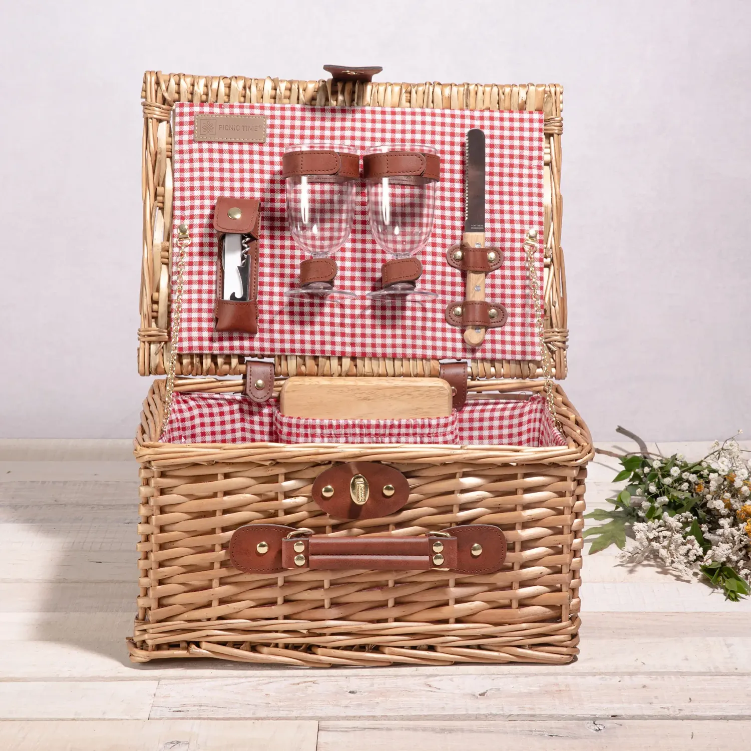 Picnic Time, Classic Wine &amp; Cheese Picnic Basket, (Red &amp; White Gingham Pattern)