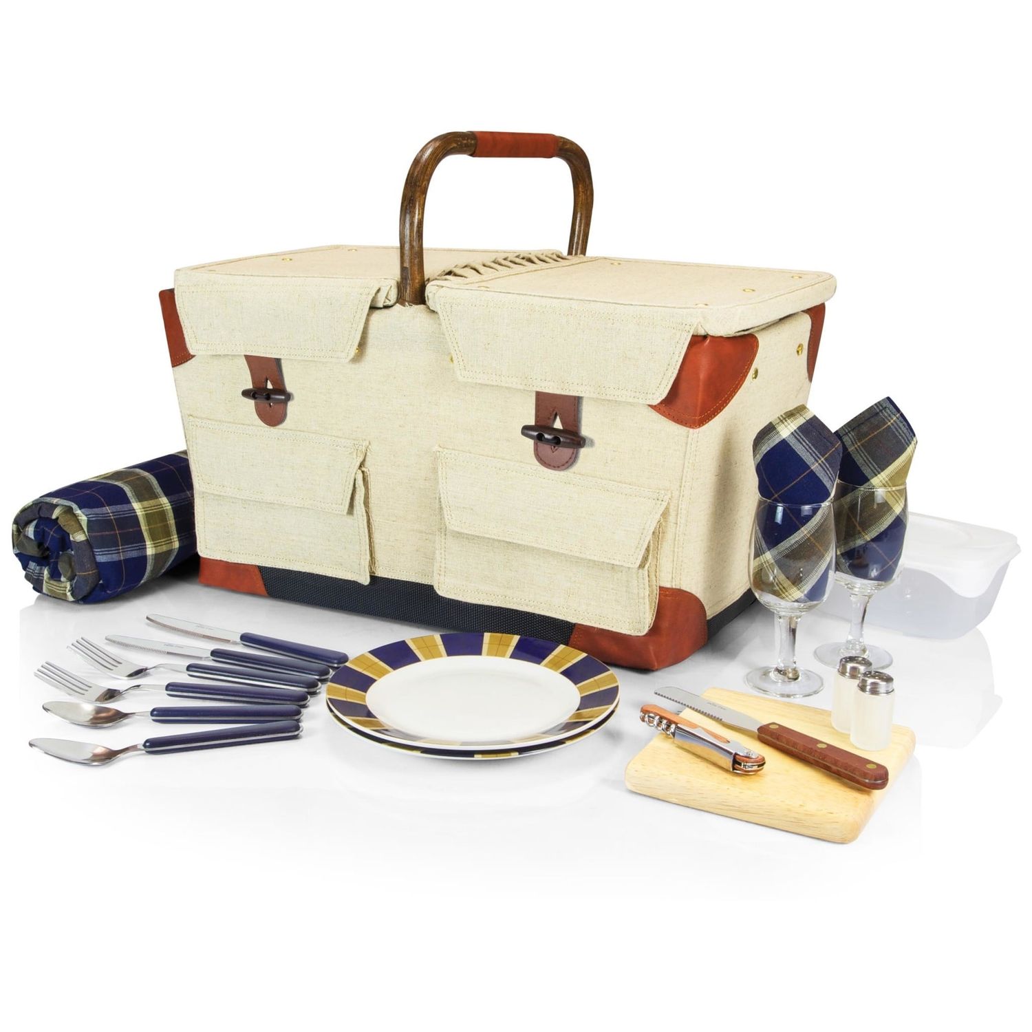 Picnic Time, Pioneer Picnic Basket, Beige Canvas with Navy Blue &amp; Brown Accents