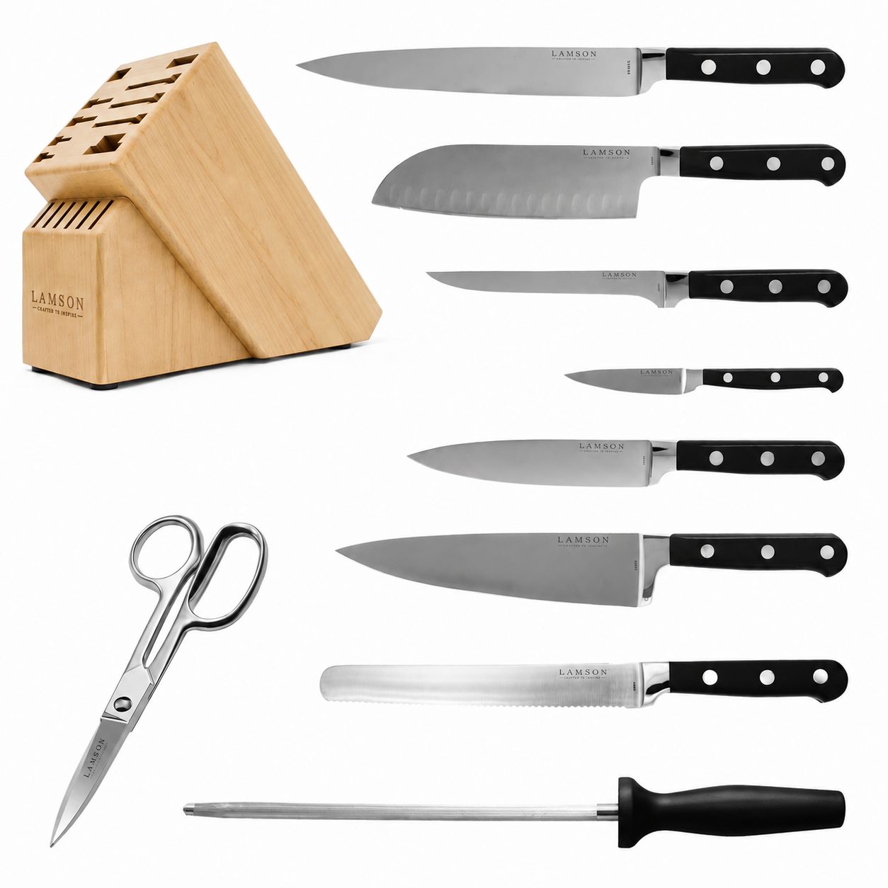 Lamson, MIDNIGHT Forged 10-Pc Knife Block set, Light Maple Block