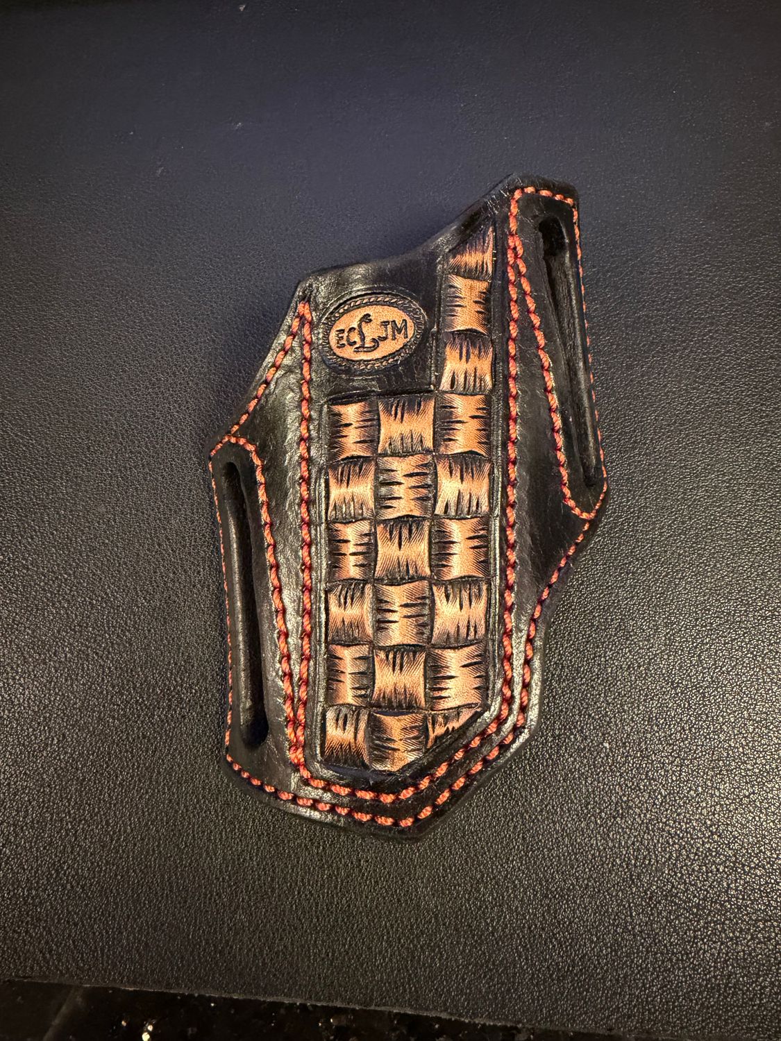 ECLJM Trapper Sheath, Angled Carry, Black/Tan Square Basket Weave, Orange Stitch