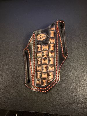 ECLJM Trapper Sheath, Angled Carry, Black/Tan Square Basket Weave, Orange Stitch