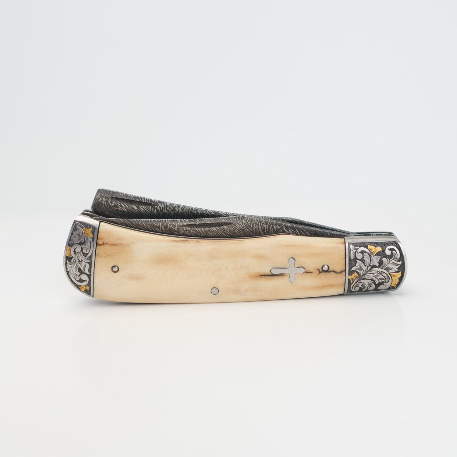 (Consignment) 0506242200 Halfmann, Double Blade Mammoth Handle Jim Poor Feather Damascus