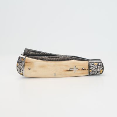 (Consignment) 0506242200 Halfmann, Double Blade Mammoth Handle Jim Poor Feather Damascus