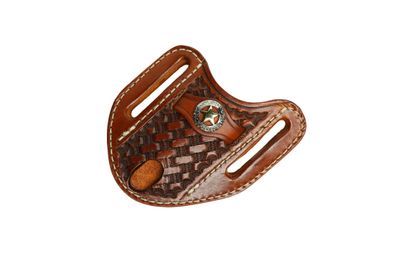 A&amp;M Leather, Angled Trapper Sheath Texas Star Tooled Dark Brown
