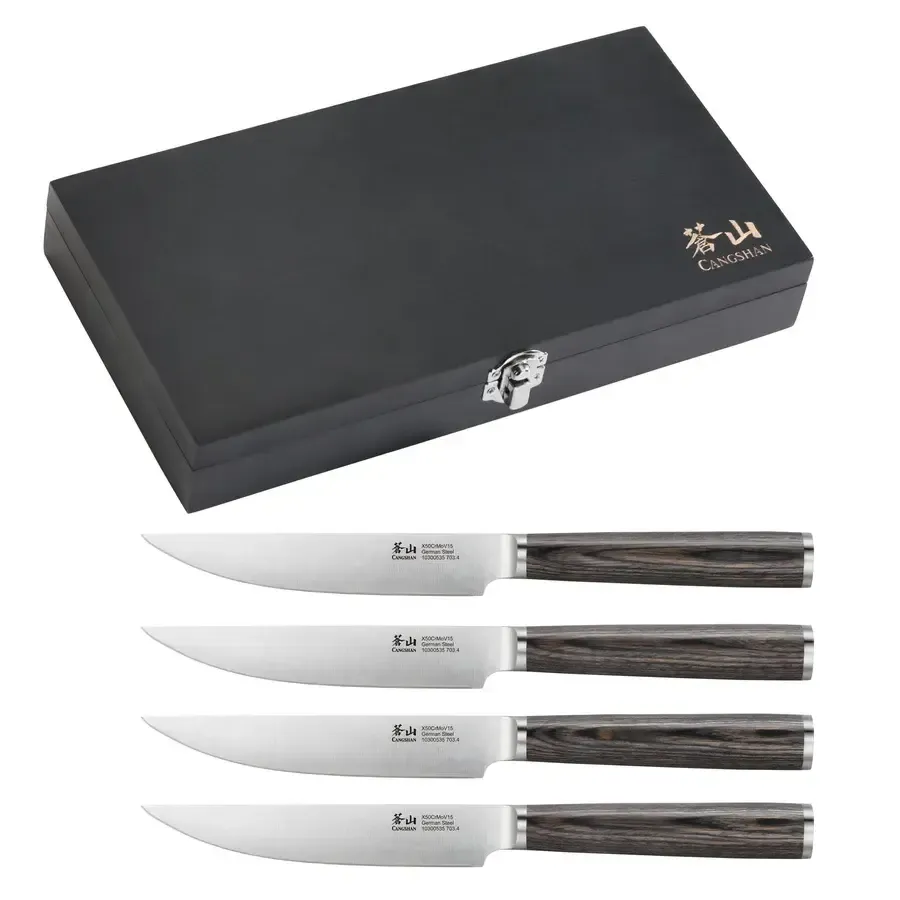 Cangshan 4Pc Pakkawood Steak Knife Set in Wooden Chest, German Stainless
