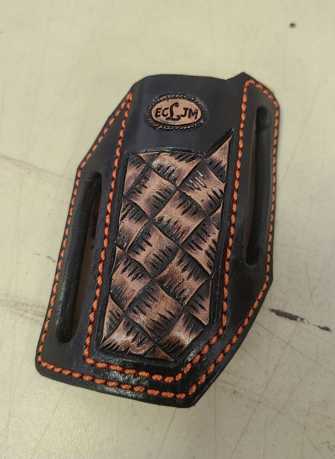 ECLJM Trapper Sheath, Angled Carry, Black/Tan Tooled Square Basket Weave