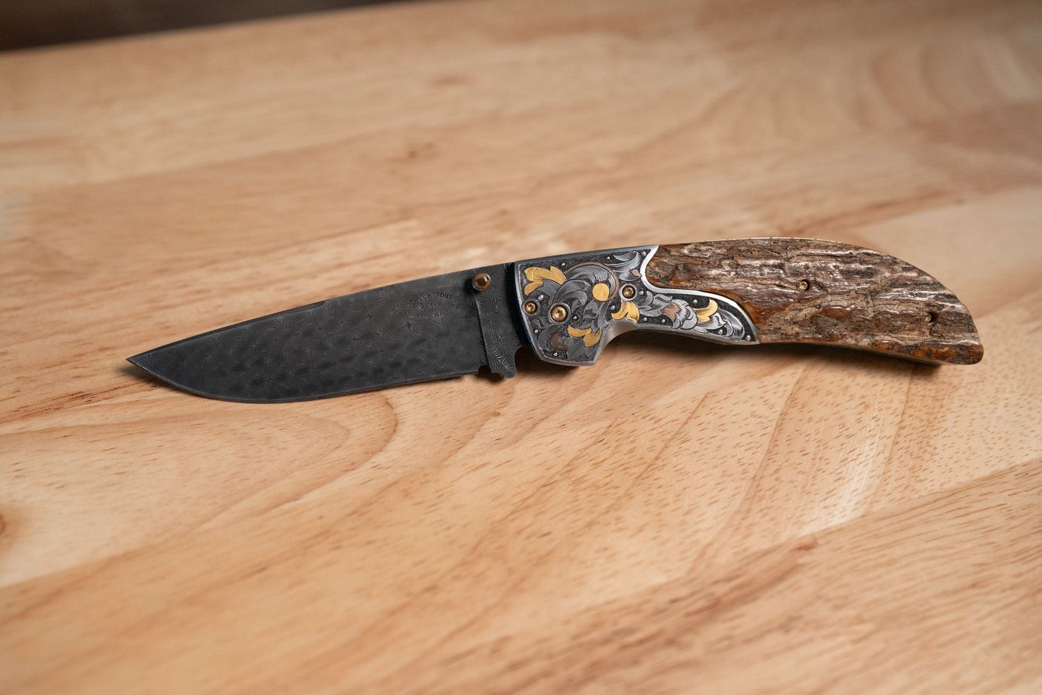 Johnny Stout Compadre Folder, Turkish Twist Damascus, Mammoth Ivory, Hand engraved by Dale Bass