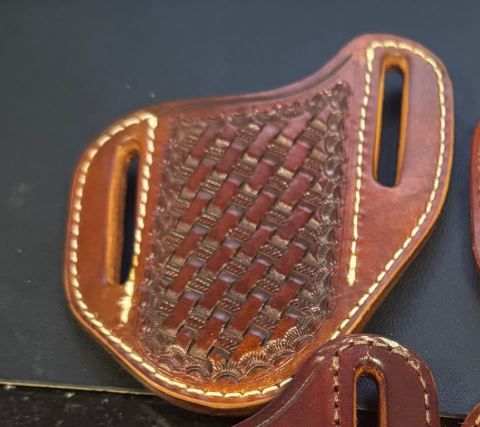 A&amp;M Leather, #31 Angled Hunter Sheath Tooled Light Brown
