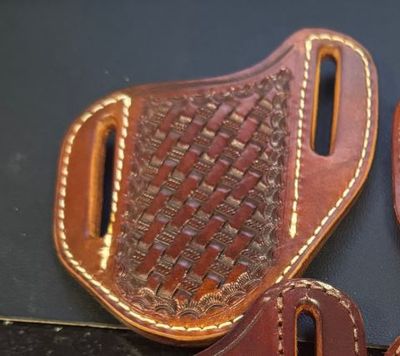 A&amp;M Leather, #31 Angled Hunter Sheath Tooled Light Brown