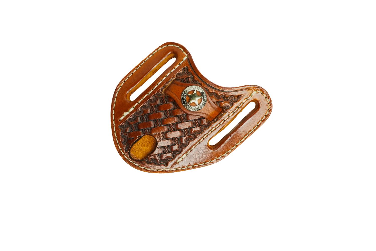 A&amp;M Leather, Angled Trapper Sheath Texas Star Tooled Light Brown