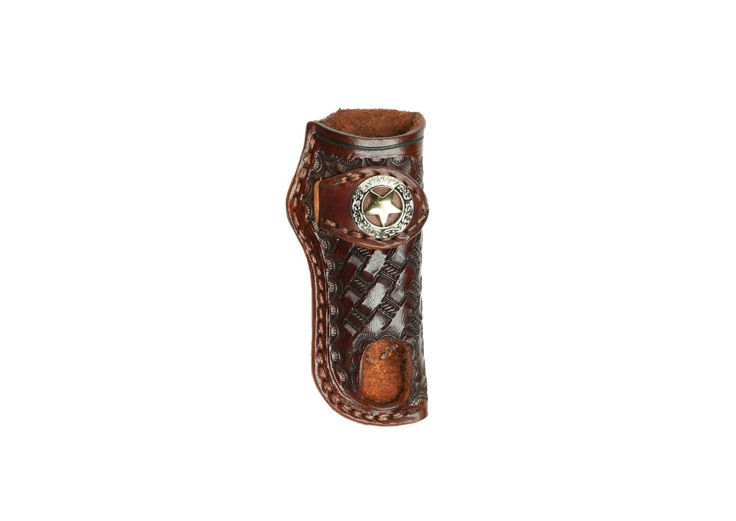 A&amp;M Leather, #14 Vertical Trapper Sheath with Texas Star Tooled Dark Brown