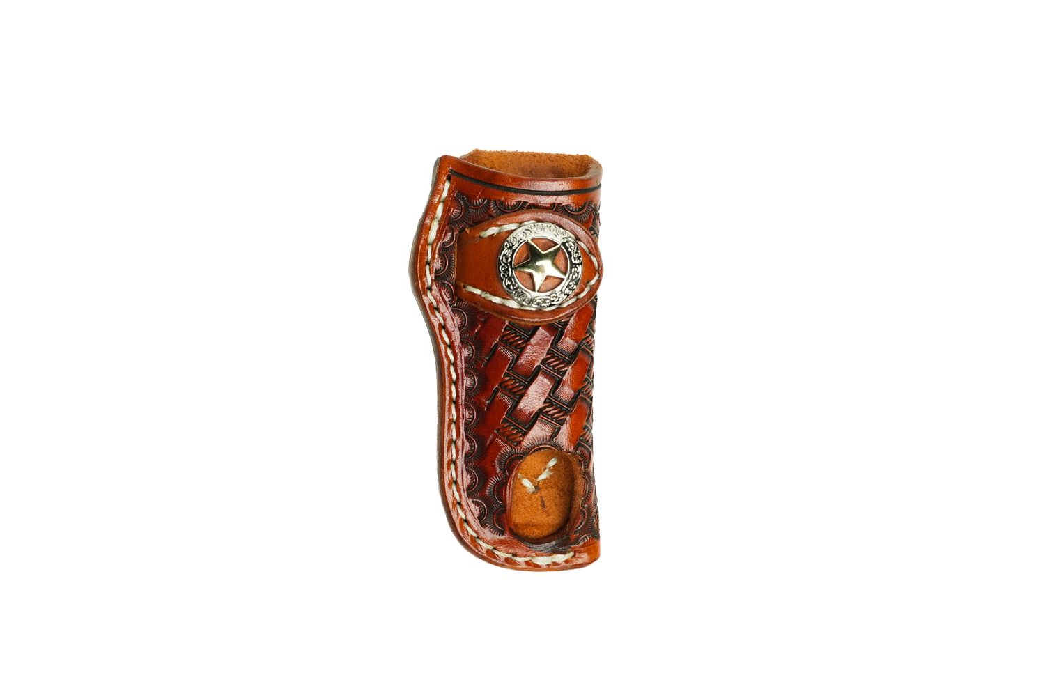 A&amp;M Leather, #14 Vertical Trapper Sheath with Texas Star Tooled Light Brown