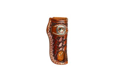 A&amp;M Leather, #14 Vertical Trapper Sheath with Texas Star Tooled Light Brown