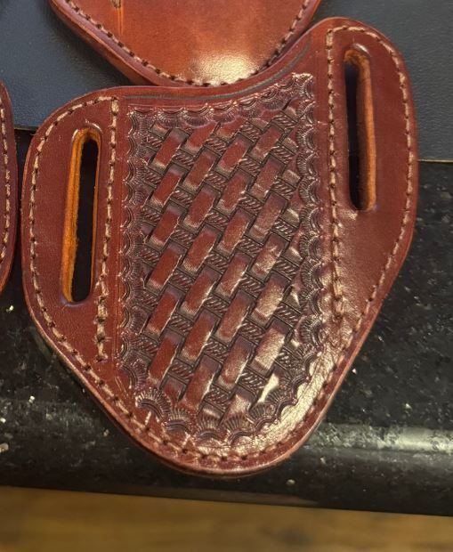 A&amp;M Leather, #31 Angled Hunter Sheath Tooled Dark Brown