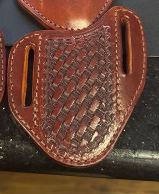 A&amp;M Leather, #31 Angled Hunter Sheath Tooled Dark Brown