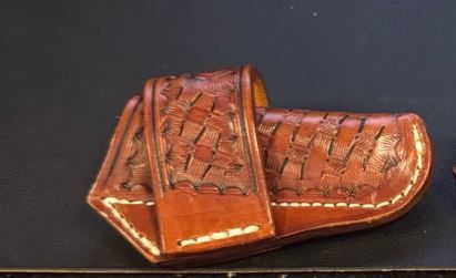A&amp;M Leather #15, Horizontal Trapper Sheath Tooled Light Brown