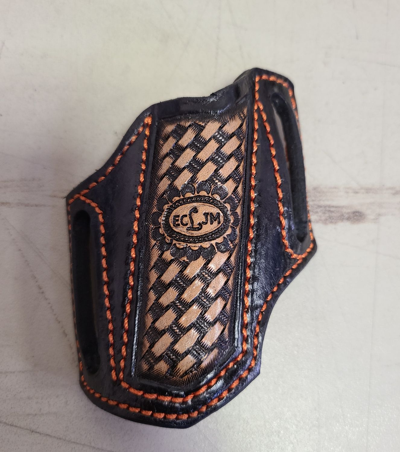 ECLJM Trapper Sheath, Angled Carry, Black/Tan Basket Weave, Angled Cut