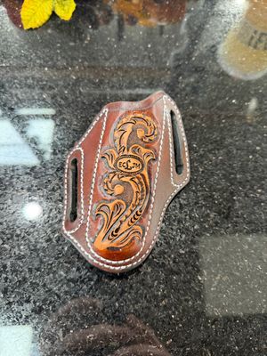 ECLJM Hunter Sheath, Angled Carry, Brown/Tan Floral Tooling, Rounded Top