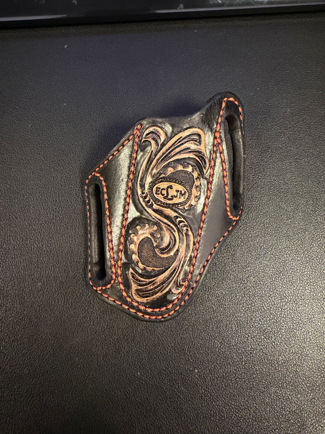 ECLJM Trapper Sheath, Angled Carry, Black/Tan Floral Tooling, Round Top