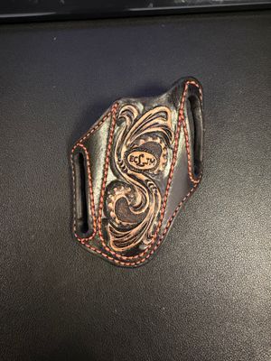 ECLJM Trapper Sheath, Angled Carry, Black/Tan Floral Tooling, Round Top