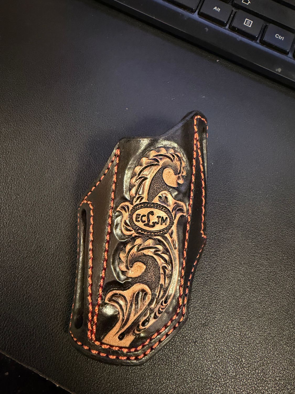 ECLJM Trapper Sheath, Angled Carry, Black/Tan Floral Tooling, Square Top