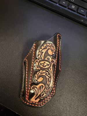 ECLJM Trapper Sheath, Angled Carry, Black/Tan Floral Tooling, Square Top