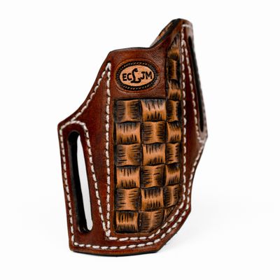 ECLJM Trapper Sheath, Angled Carry, Brown/Tan Square Weave, White Stitch, Angled Cut