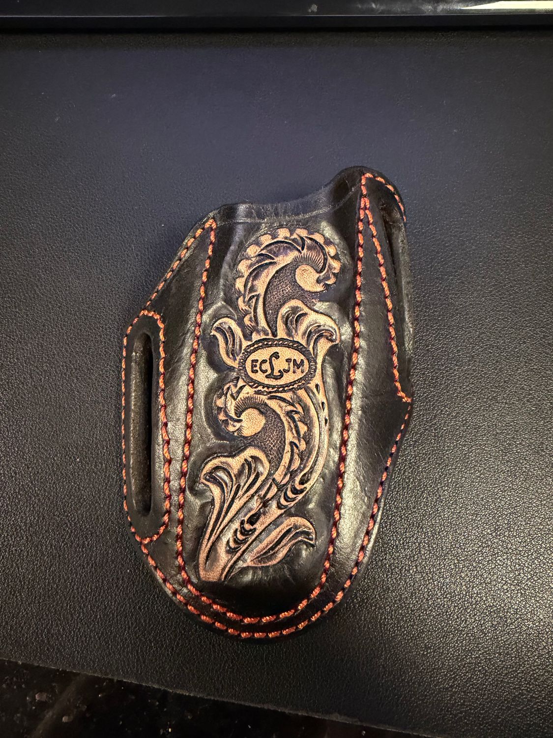 ECLJM Hunter Sheath, Angled Carry, Black/Tan Floral Tooling, Rounded Top
