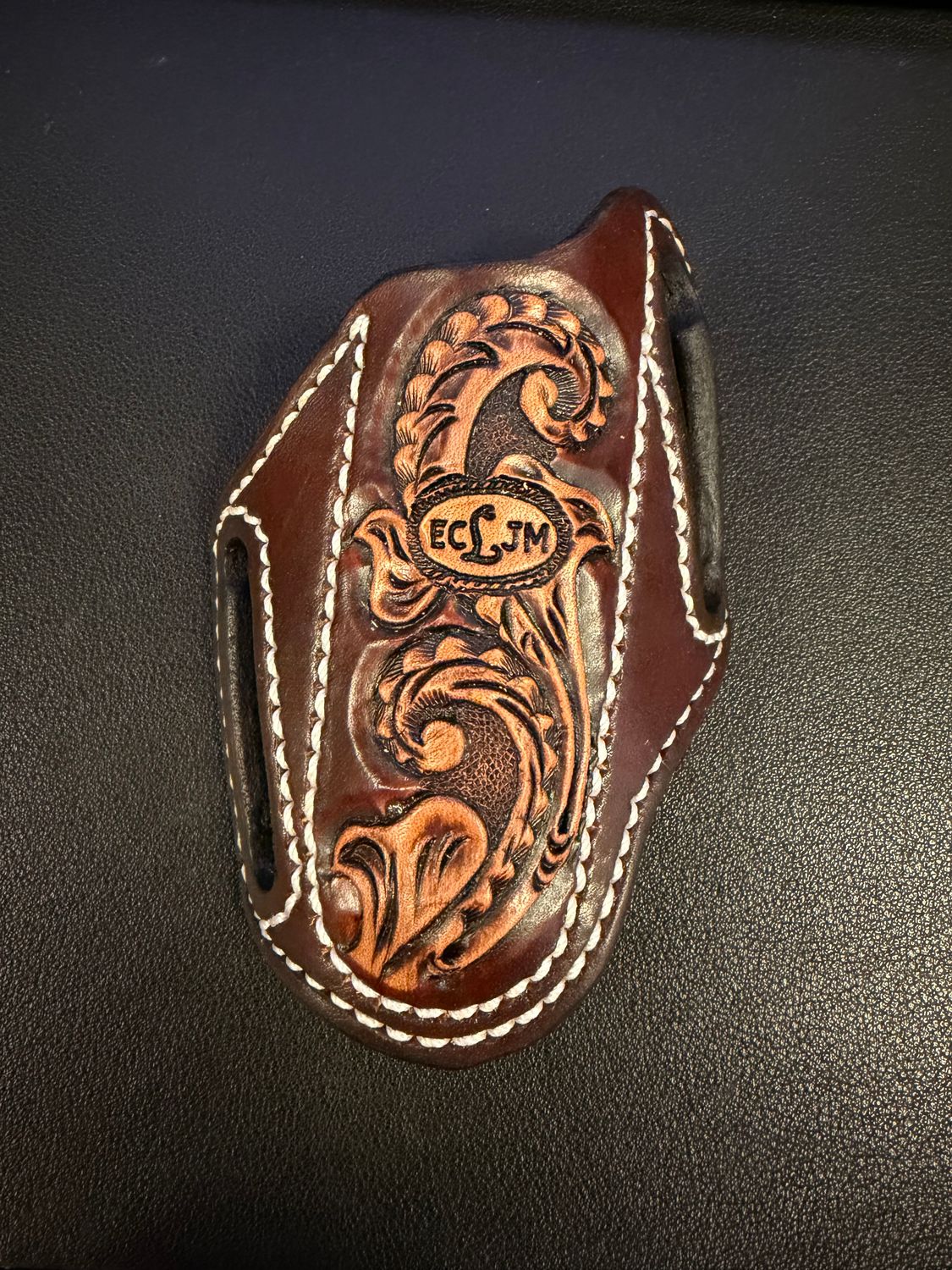 ECLJM Trapper Sheath, Angled Carry, Brown/Tan Floral Tooling, Round Cut