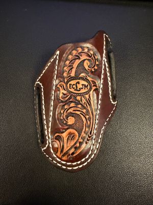 ECLJM Trapper Sheath, Angled Carry, Brown/Tan Floral Tooling, Round Cut