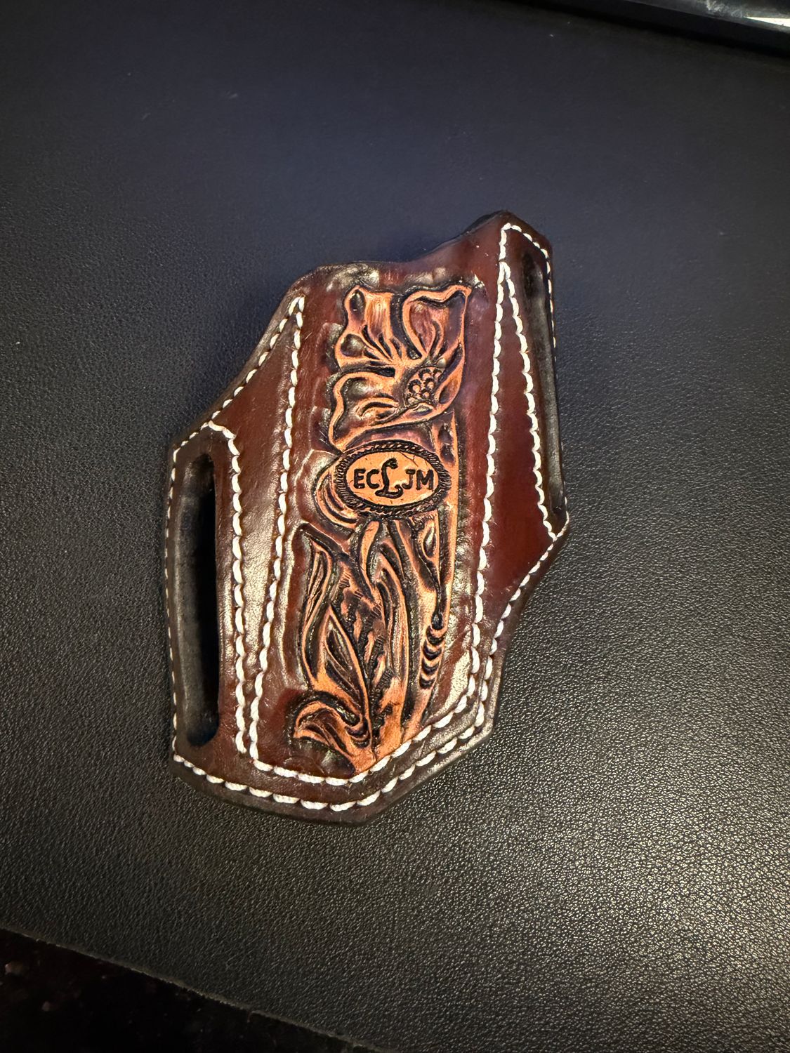 ECLJM Trapper Sheath, Angled Carry, Brown/Tan Floral Tooling, Angled Cut