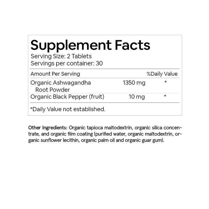 Organic Ashwagandha Root with Black Pepper | Vegan 1360 mg