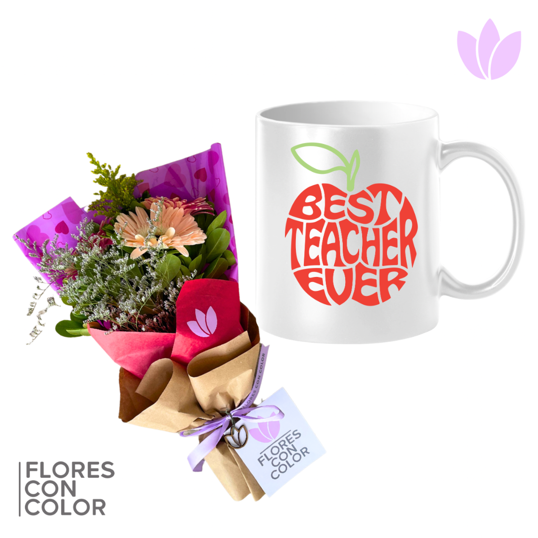 TAZA BEST TEACHER + RAMITO DE GERBERAS