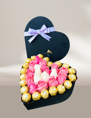 CAJA CORAZÓN ROSAS Y FERREROS