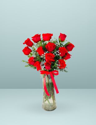 JARRÓN 15 ROSAS ROJAS