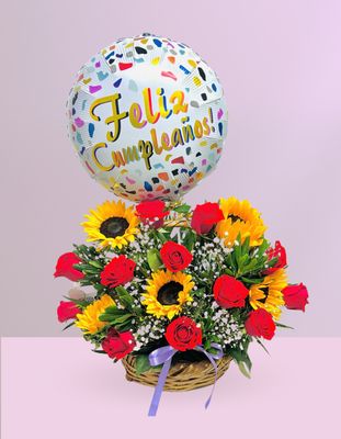 CANASTA DE GIRASOLES &amp; ROSAS + GLOBO