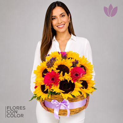 CANASTA DE 20 GIRASOLES y GERBERAS