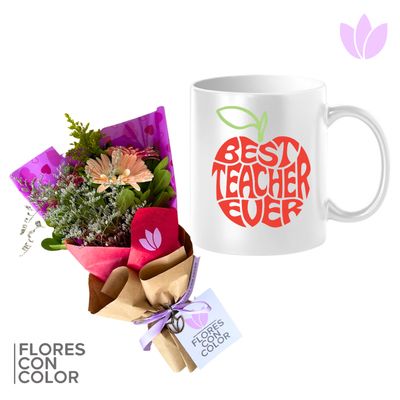 TAZA BEST TEACHER + RAMITO DE GERBERAS