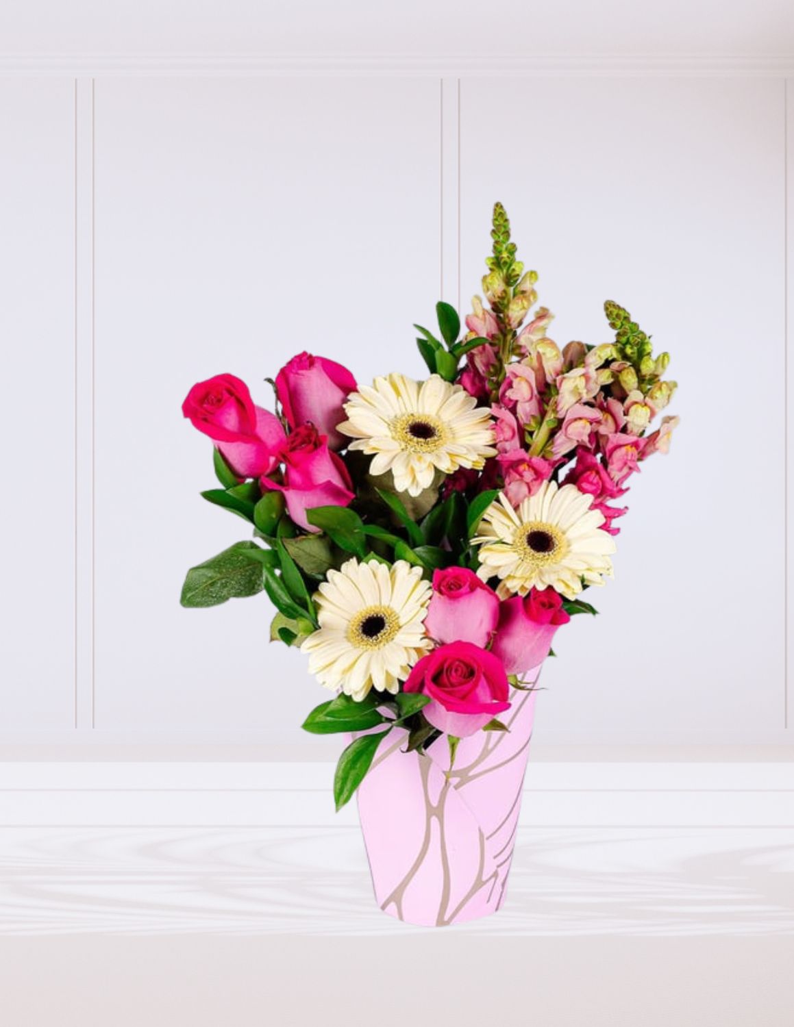 CAJA MARMOL / ROSAS Y GERBERAS