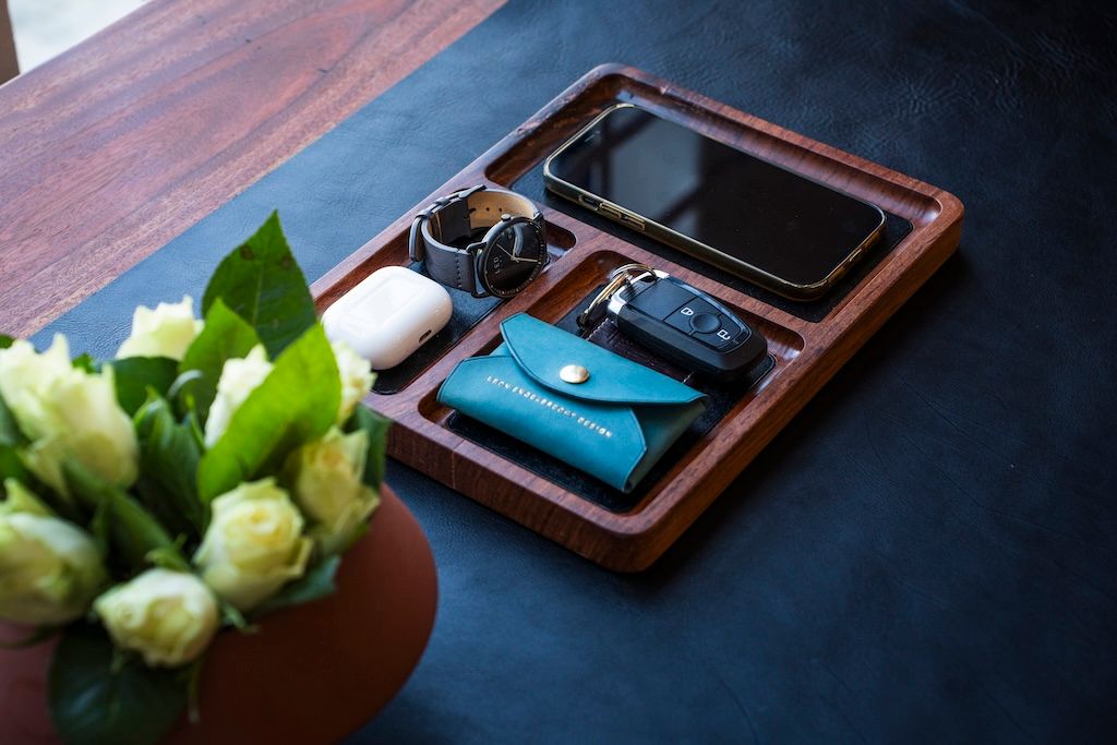 SOLID WOOD &amp; LEATHER INLAY &quot;CATCH-ALL TRAY&quot;