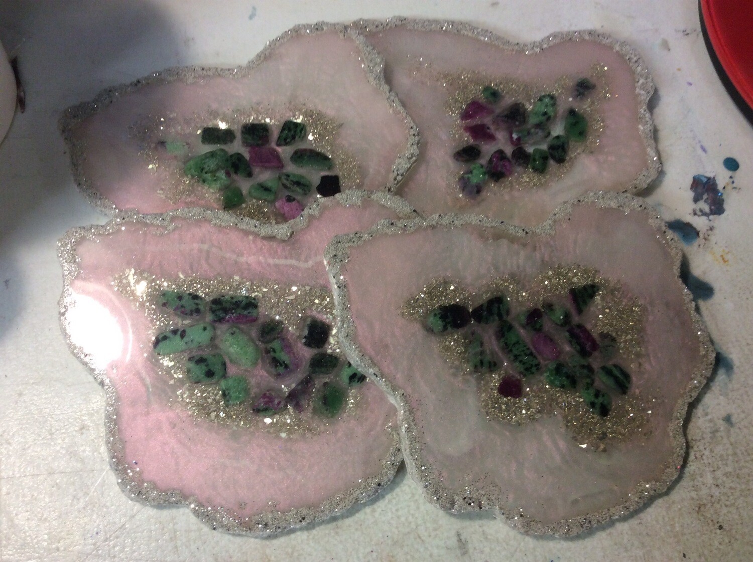Set Of 4 Geode Coasters With Zoisite Stones