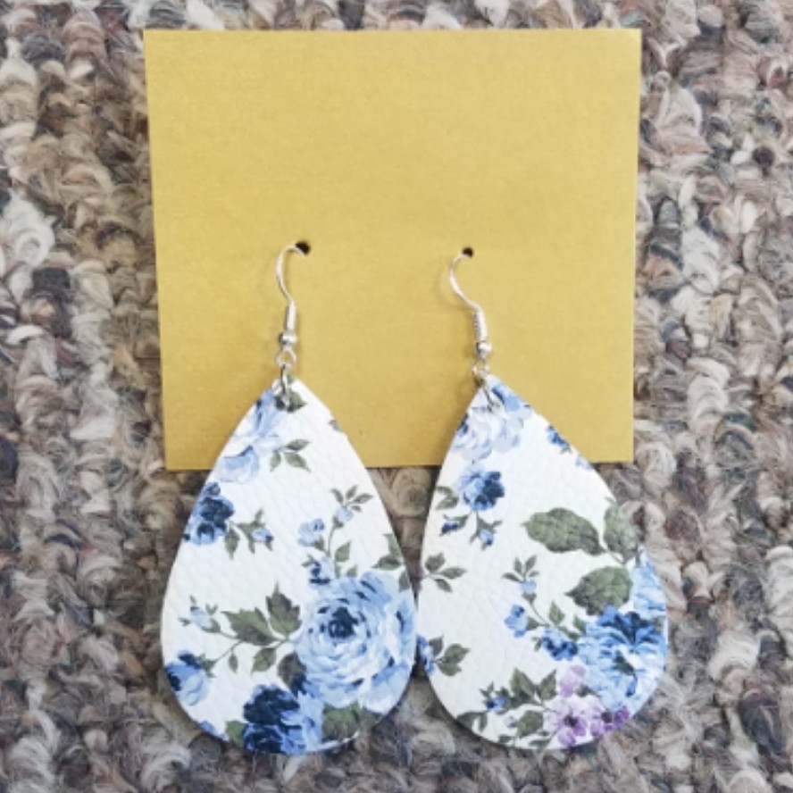 Teardrop Leather Earrings - Blue Flower