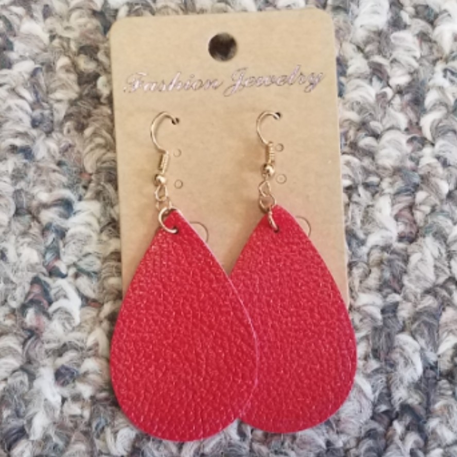 Teardrop Leather Earring - Red