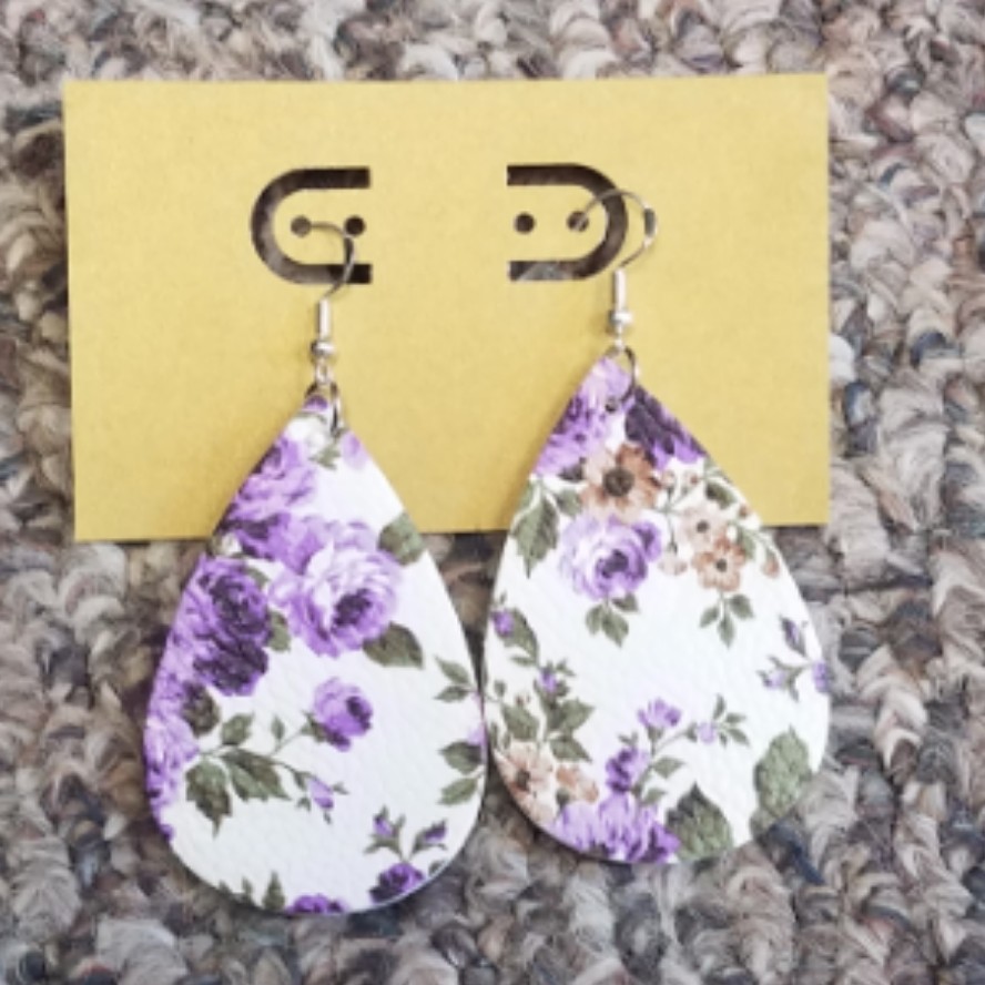 Teardrop Leather Earrings - Purple Flowers