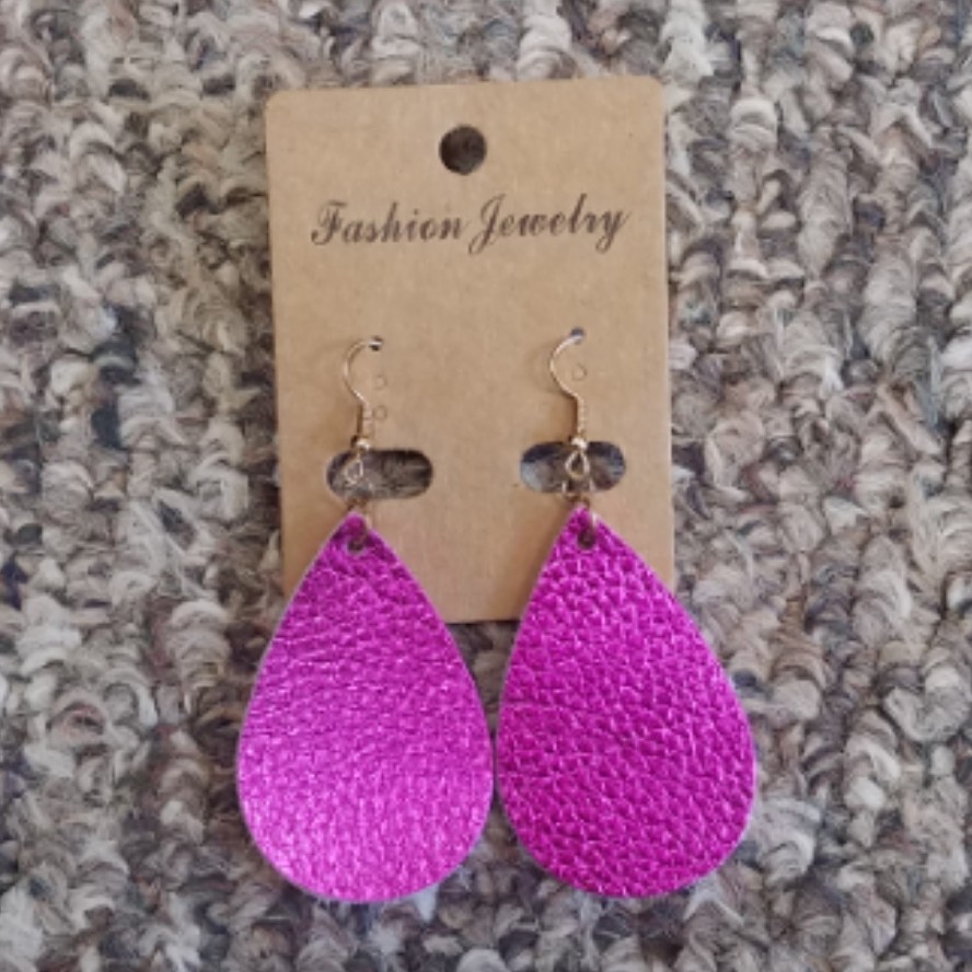 Teardrop Leather Earrings - Pink