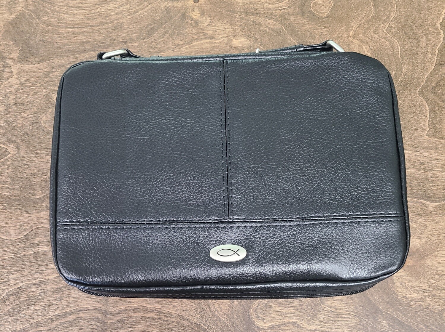 Two-Fold Faux Black Leather Organizer Bible Cover - Medium