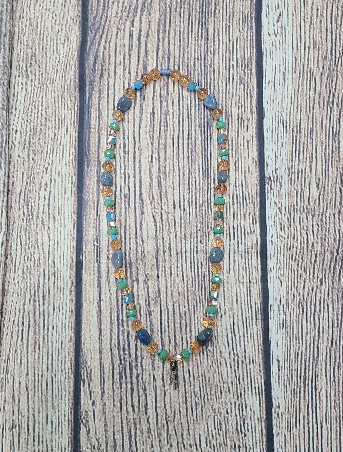 Handmade Green, Yellow, and Blue Crystallized Cross Necklace