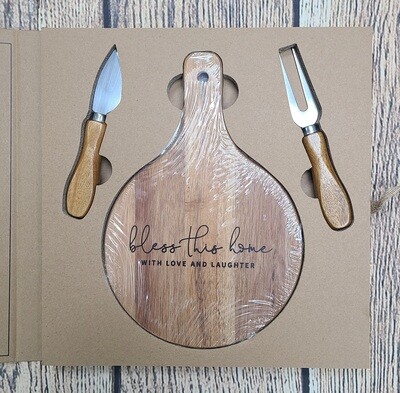 Wooden Cheese Board Set: Bless This Home with Love and Laughter