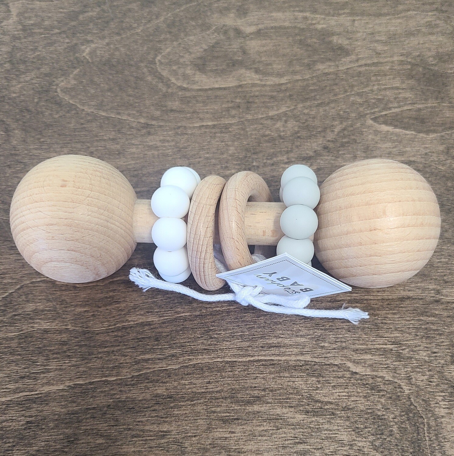 Silicone Wood Rattle - Grey/White Coloring