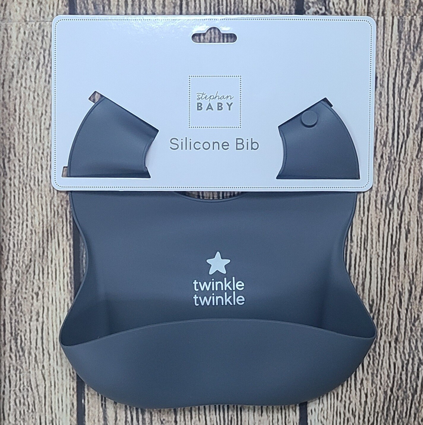 Silicone Baby Bib - Gray Coloring with White Star and the Words &#39;Twinkle Twinkle&#39;